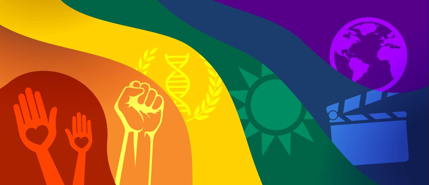 A rainbow header with humanities icons