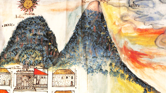 Drawing of mountains and houses