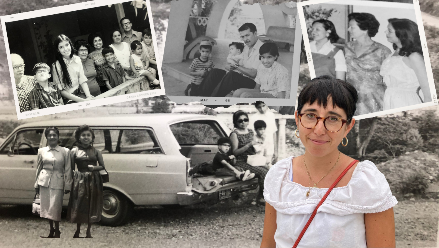 A collage of Kathryn Campo Bowen family photos in black and white. A headshot of Kathryn Campo Bowen is in color