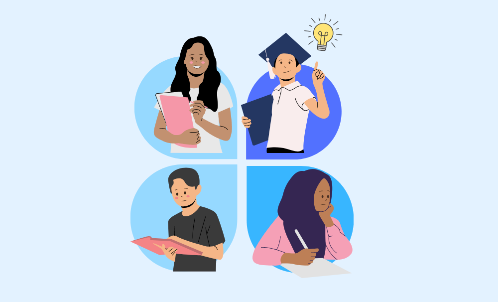 Drawing of 4 people in a grid with variations of blue as their background. Top left is a girl with a pink book, top right is a boy graduating, bottom left is a boy with a book, and bottom right is a girl writing in a notebook