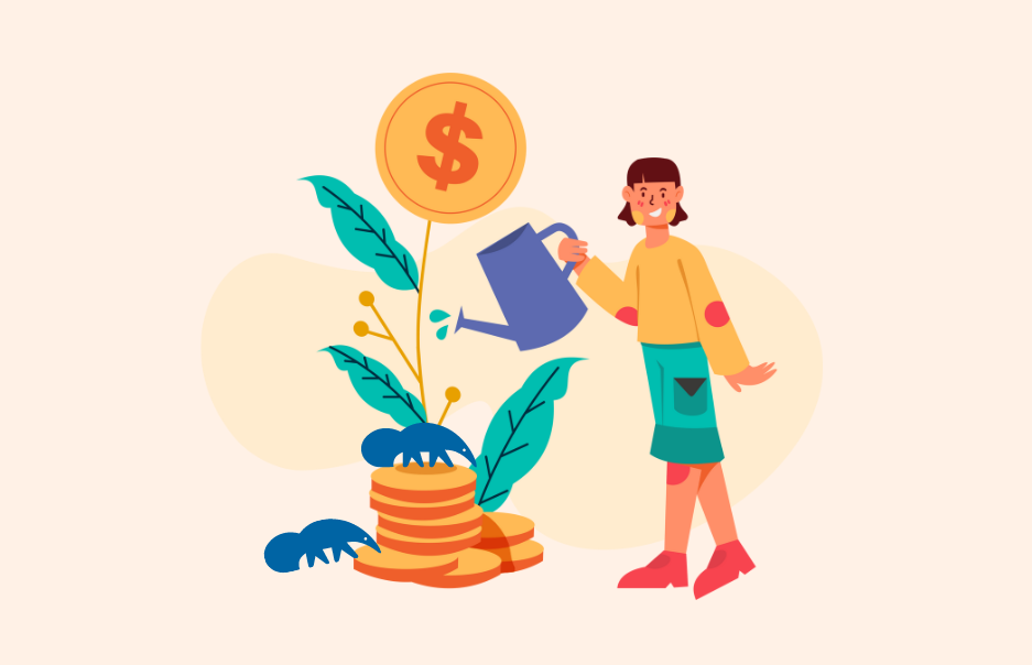 Drawing of girl with watering can, watering a money plant with a coin for the flower