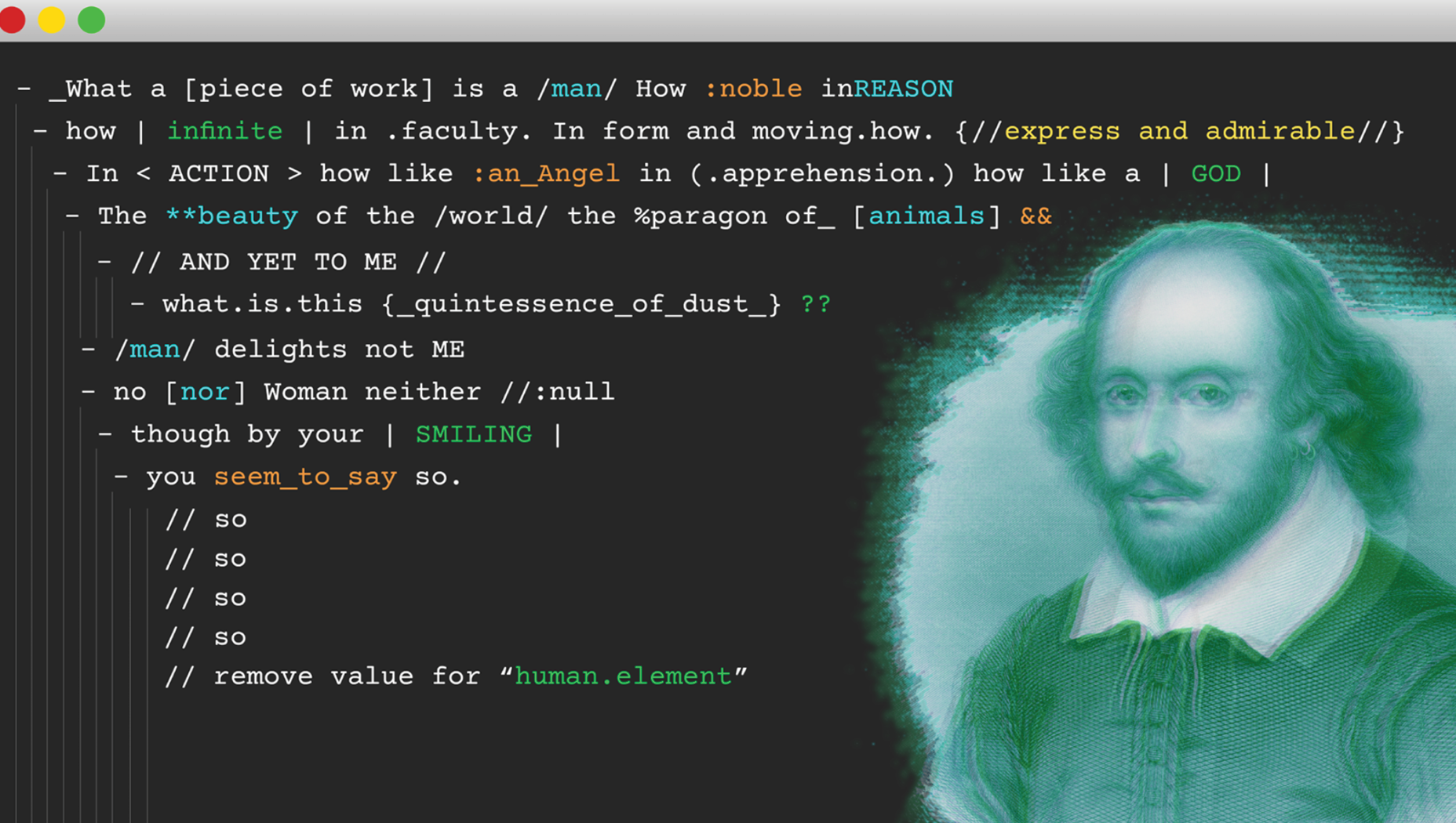 A computer screen with a William Shakespeare poem in code and a hologram of William Shakespeare.