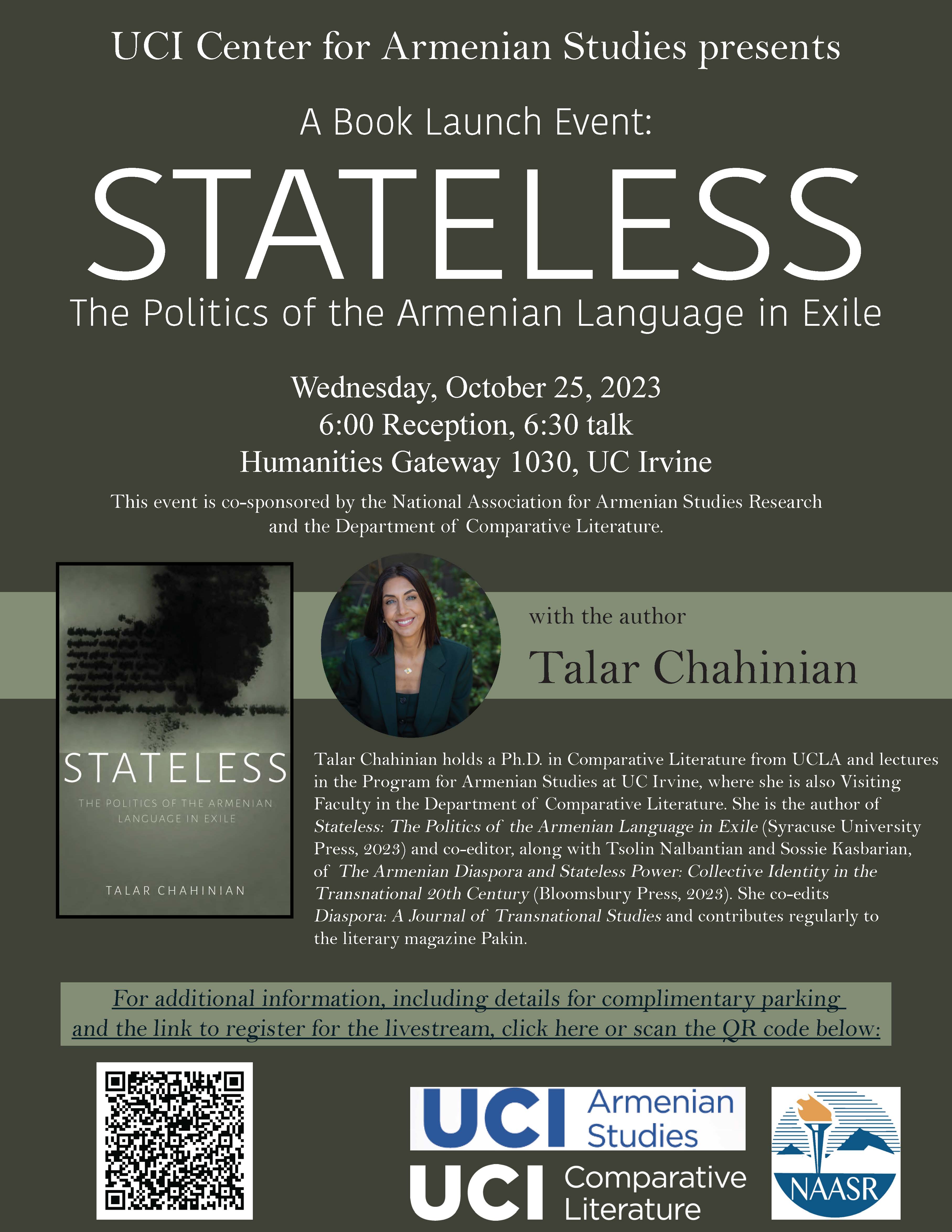 Book Launch - Talar Chahinian, Stateless: The Politics of the Armenian  Language in Exile