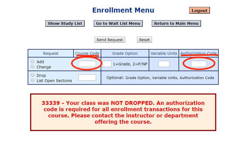 Enrollment instructions page with the words "course code" and "authorization code" circled.