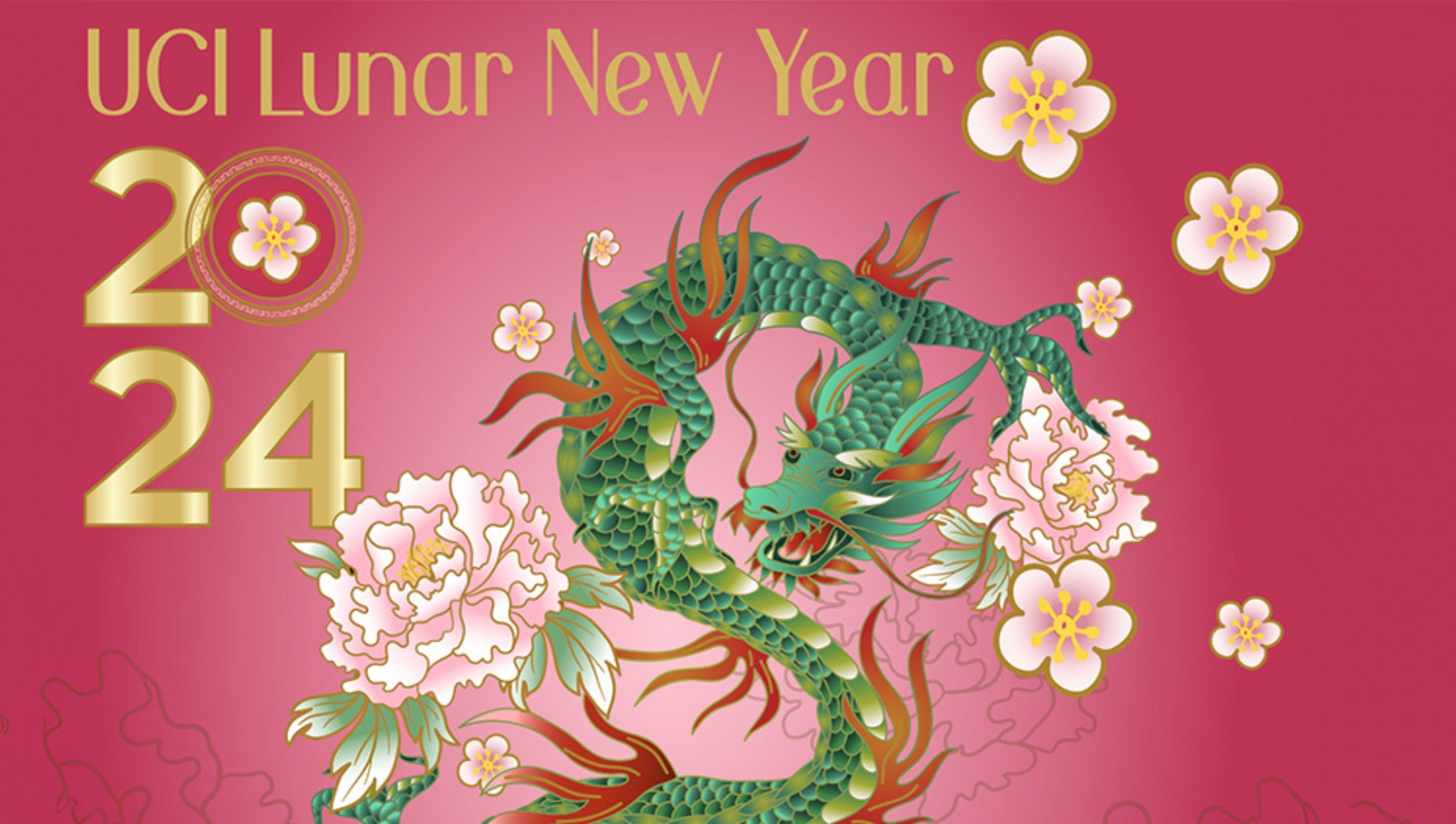 A dragon on a pick background with the text "UCI Lunar New Year 2024"