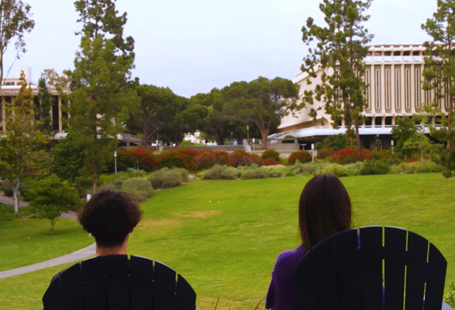 Two people look out into a park.