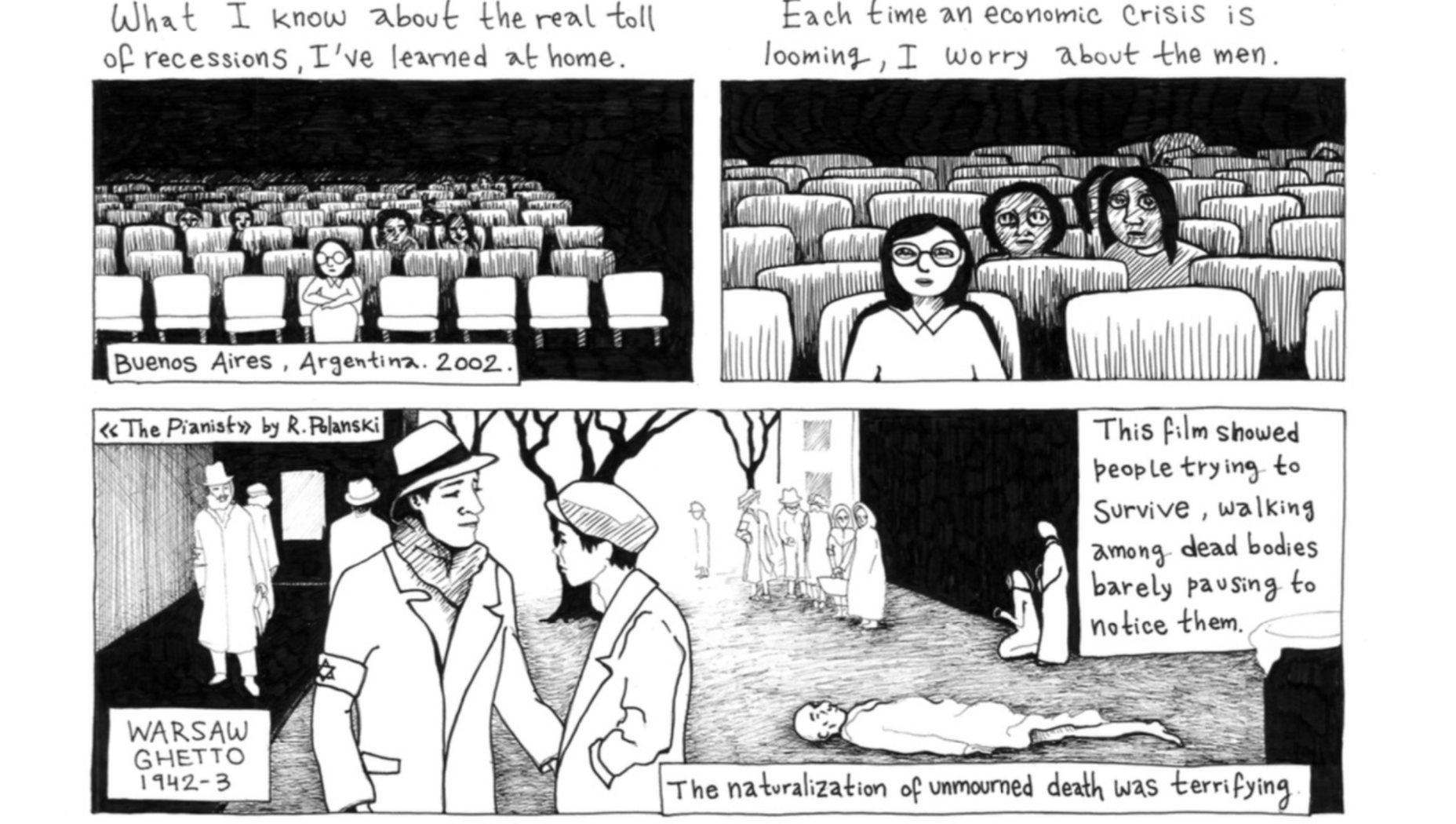 A screen shot of "The Neurobiology of Protest Rocío Pichon-Rivière" her comics with drawings and text.