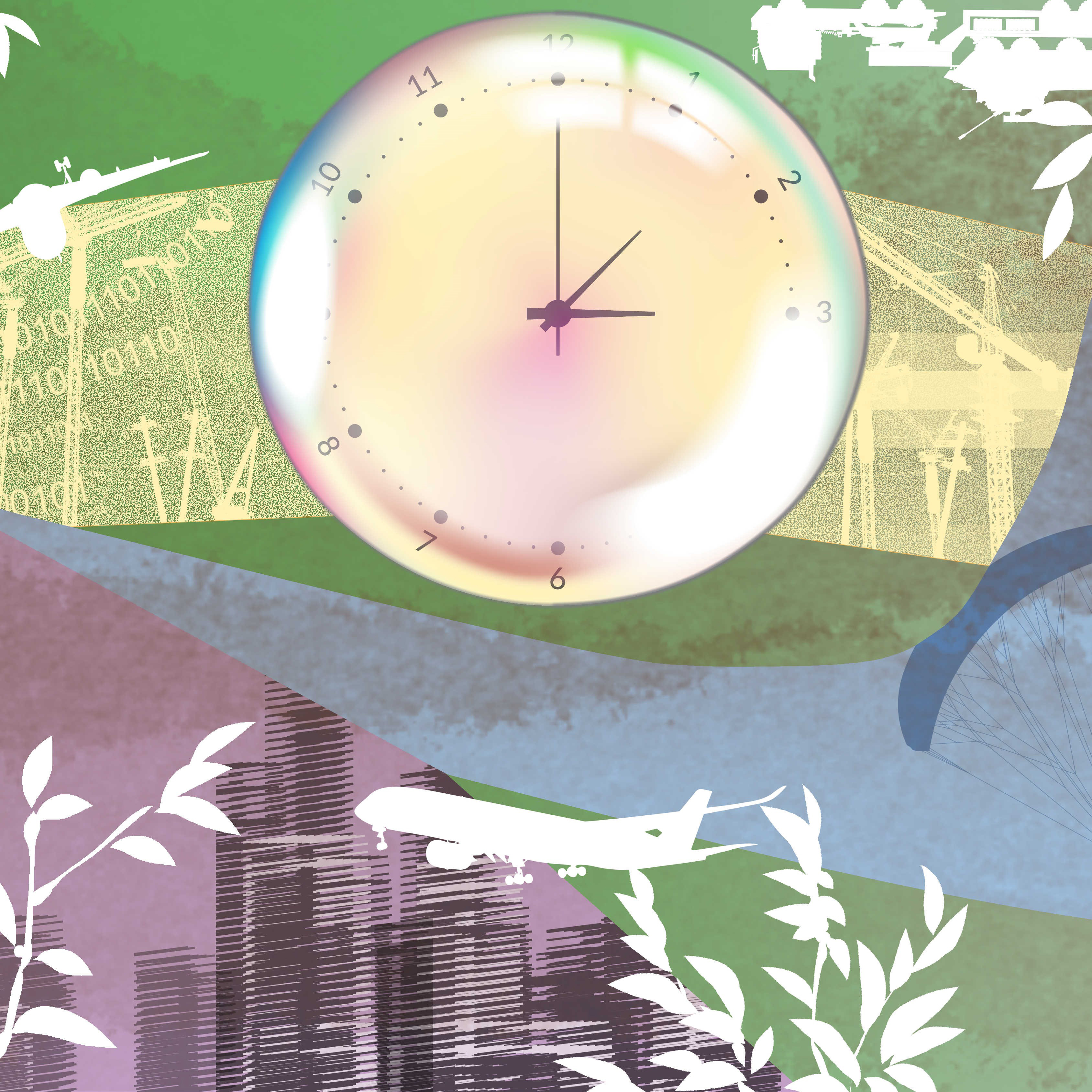 graphic image of clock with green, yellow and magenta background