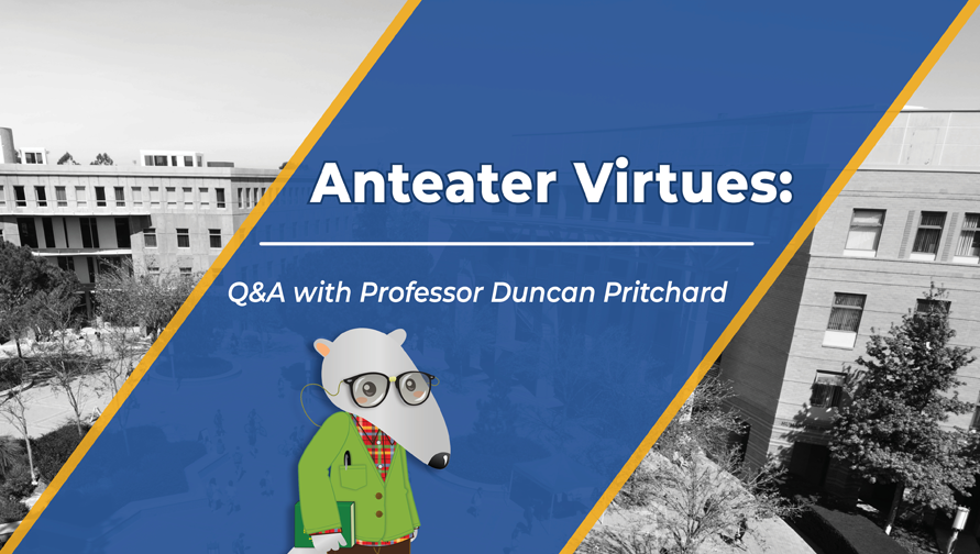 A black and white photo of the School of Humanities and anteater and reading: Anteater Virtues: Q&A with Professor Duncan Pritchard