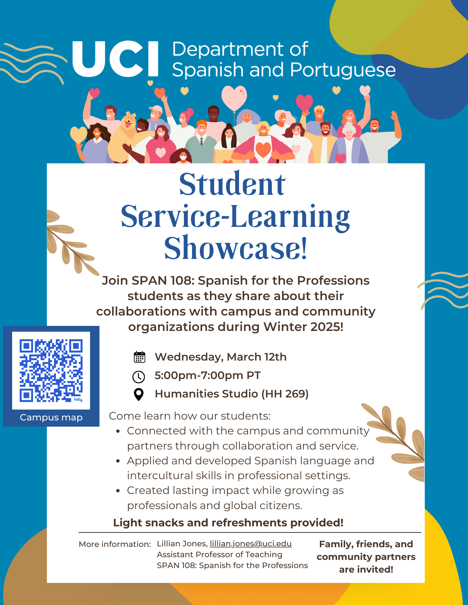 SPAN 108 service learning showcase on March 12, 2025 from 5pm to 7pm in HH 269
