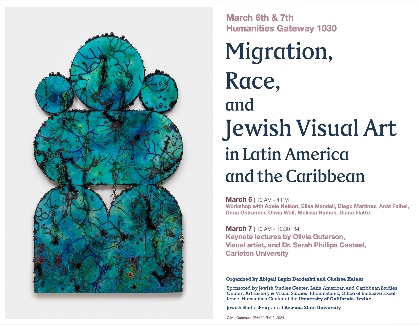 Please join us on March 6th and 7th for the “Migration, Race, and Jewish Visual Art in Latin America and the Caribbean” Conference organized by UCI Art History Professor Abigail Lapin Dardashti and Arizona State University Professor Chelsea Haines. The conference is co-sponsored by Art History & Visual Studies, Jewish Studies Center, Latin American and Caribbean Studies Center, Illuminations, Office of Inclusive Excellence, and the Humanities Center at UCI, as well as the Jewish Studies Program at Arizona State University.