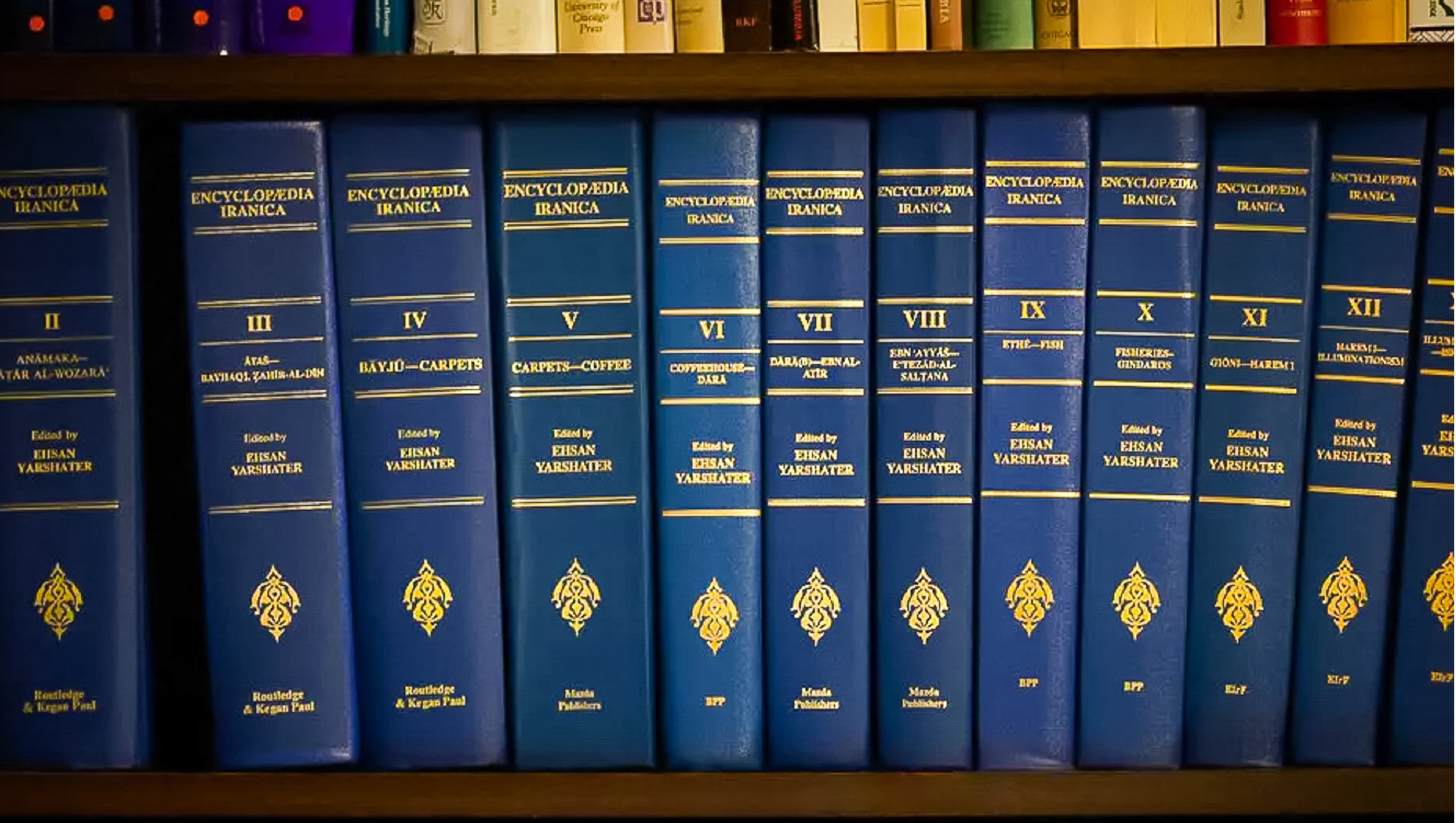 Encyclopædia Iranica books all lined up on a book shelf