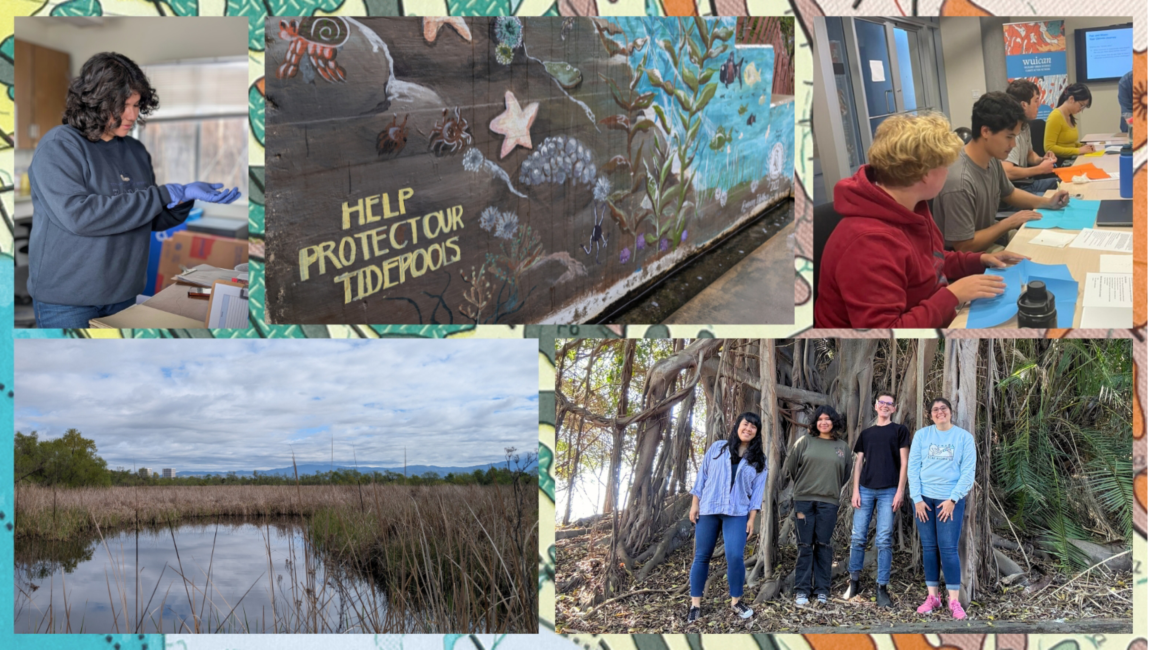 A photo collage of students participating in the Wuican internship, the location students are going to and work students are doing in the classroom