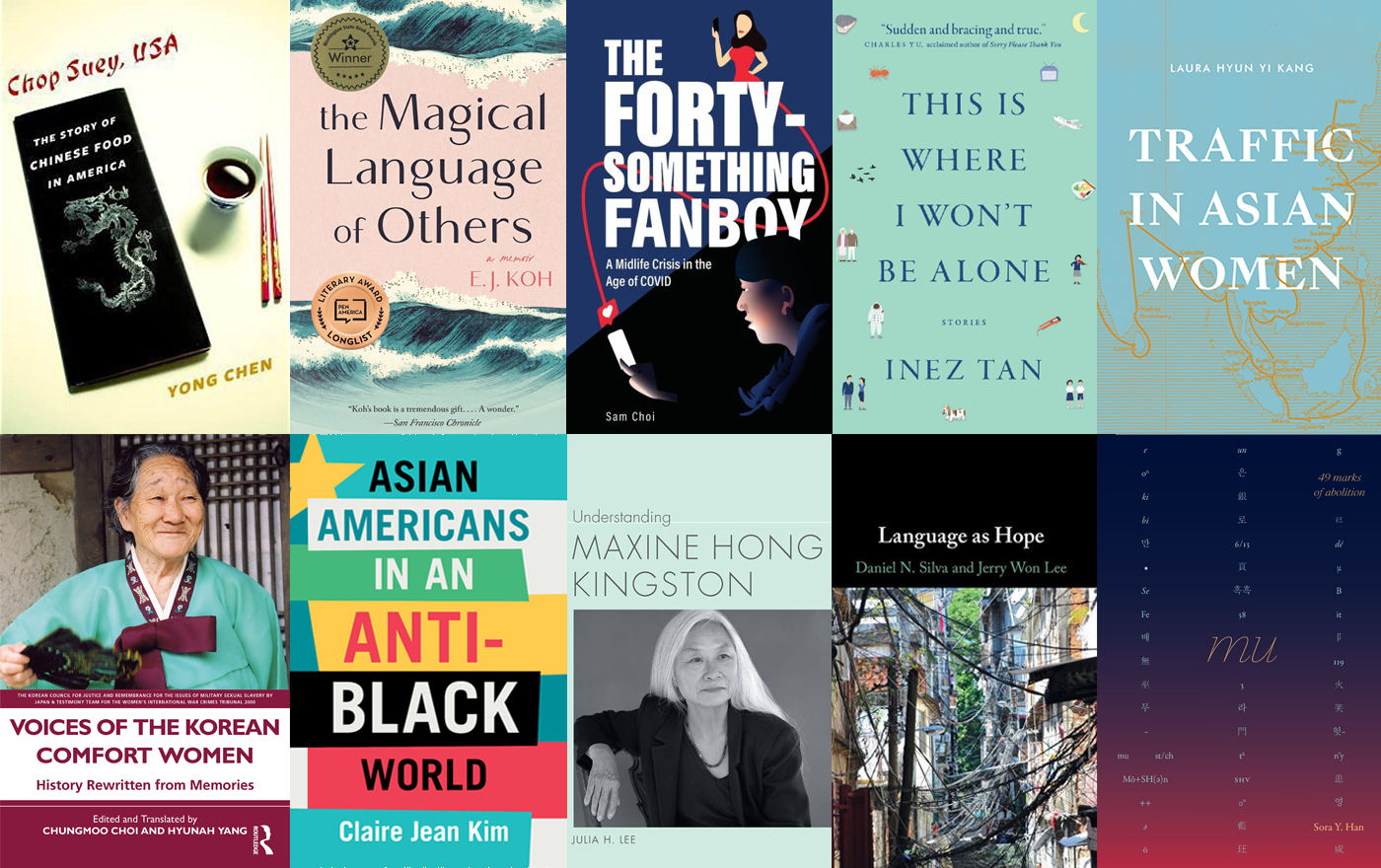 A collage featuring ten book covers from ten different Asian American authors at UC Irvine; the covers are in different colors and art styles