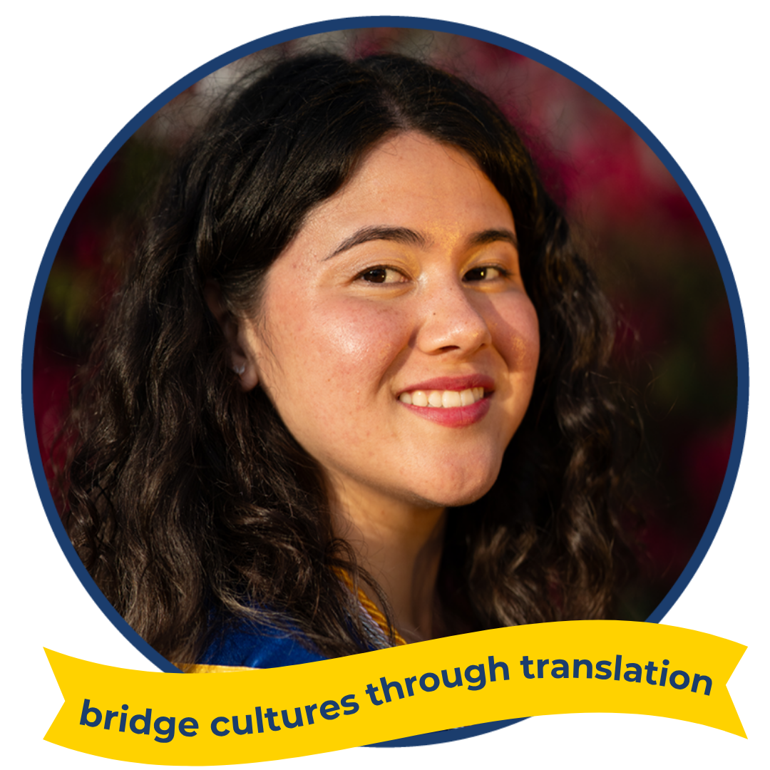 A photo of Ariel Thornton smiling, with text reading: bridge cultures through translation