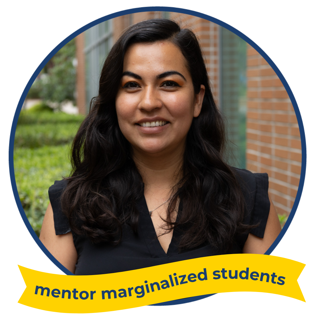 A photo of Maribel Santana Alvarez smiling, with text reading: mentor marginalized students