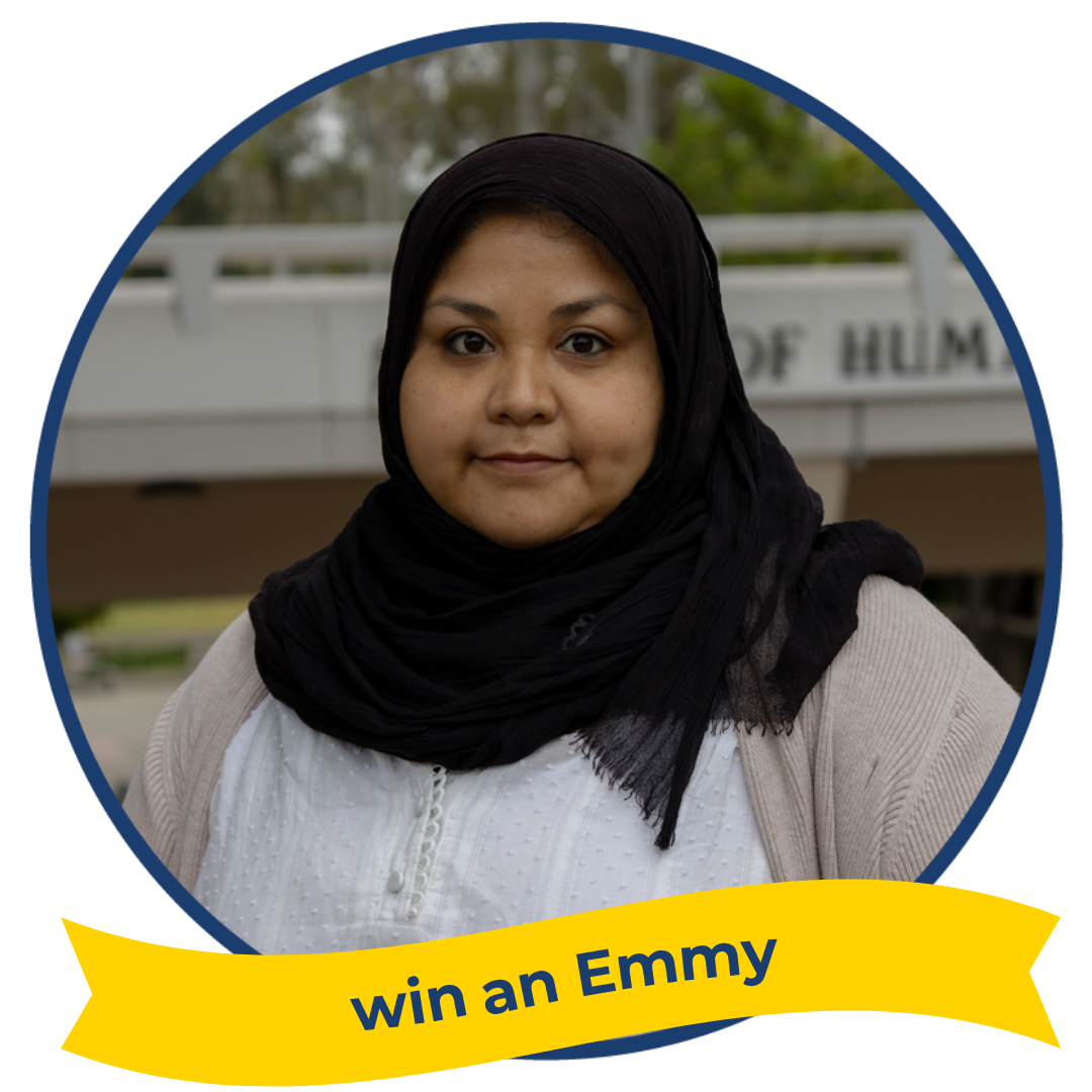 A photo of Diana Juarez Sayune, with text reading: win an Emmy