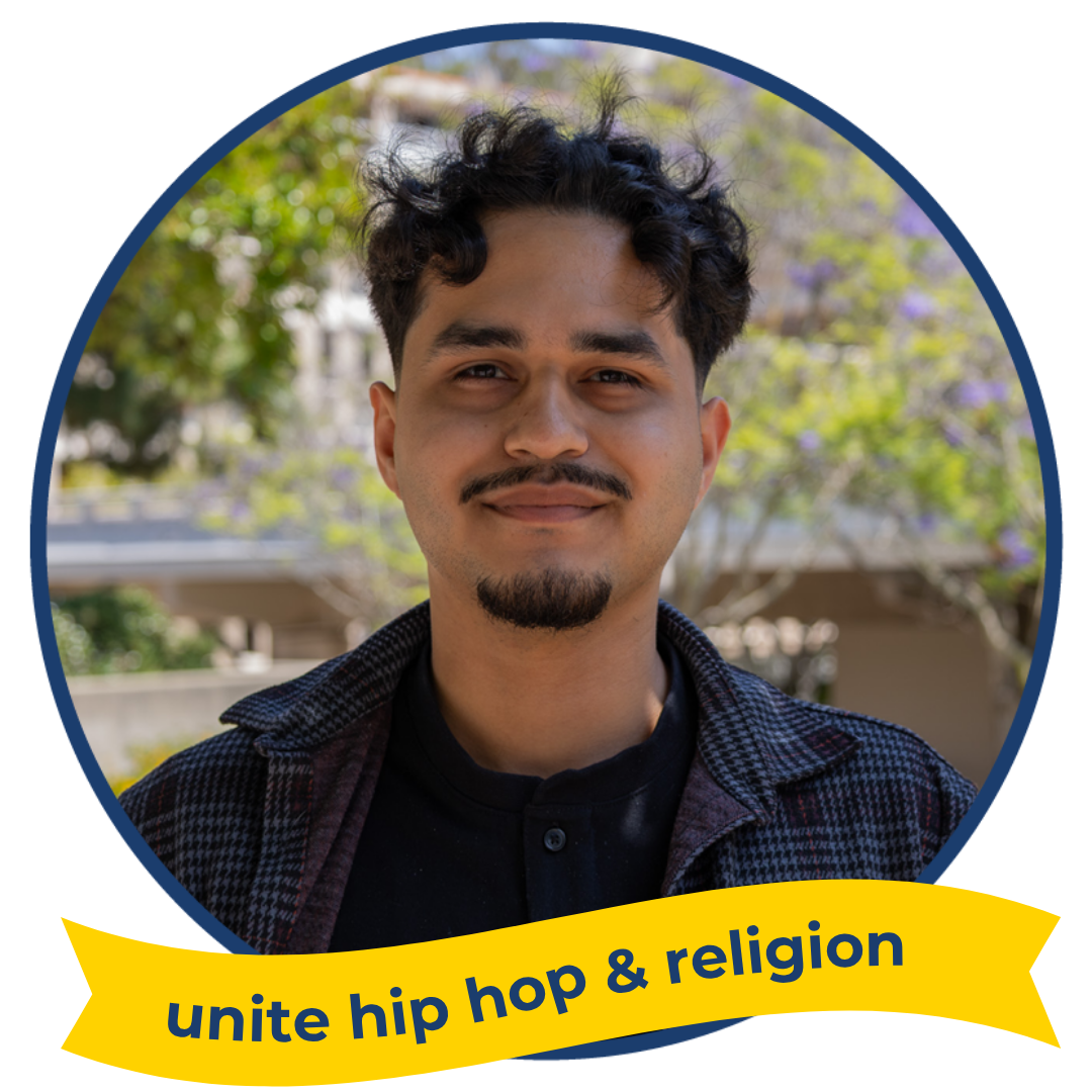 A photo of Aldo Palomino, with text reading: unite hip hop & religion