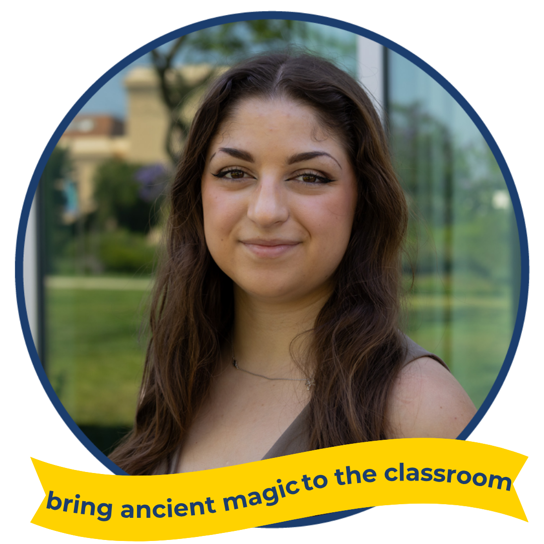 A photo of Lynaea Pace, with text reading: bring ancient magic to the classroom