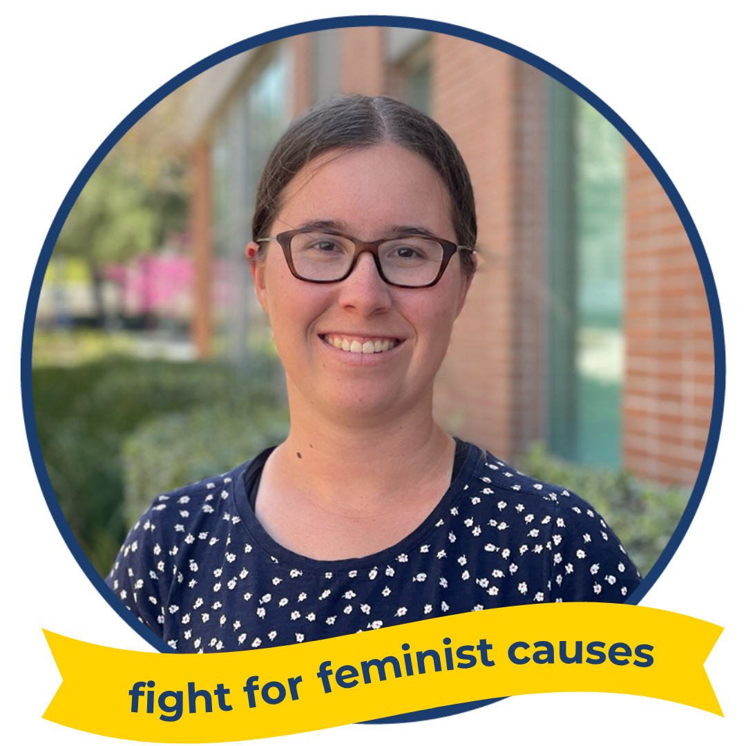 A photo of Lily Amidon smiling, with text reading: Most likely to fight for feminist causes