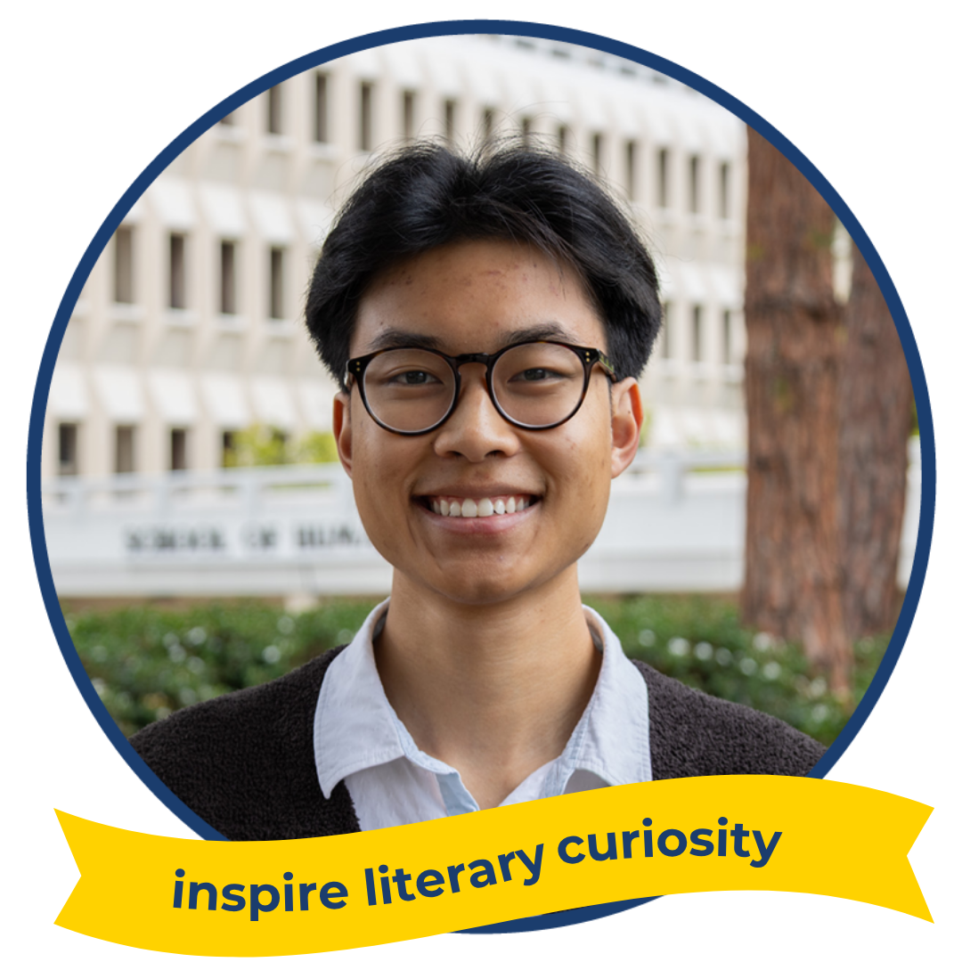 A photo of Brian Nguyen smiling, with text reading: Most likely to inspire literary curiosity