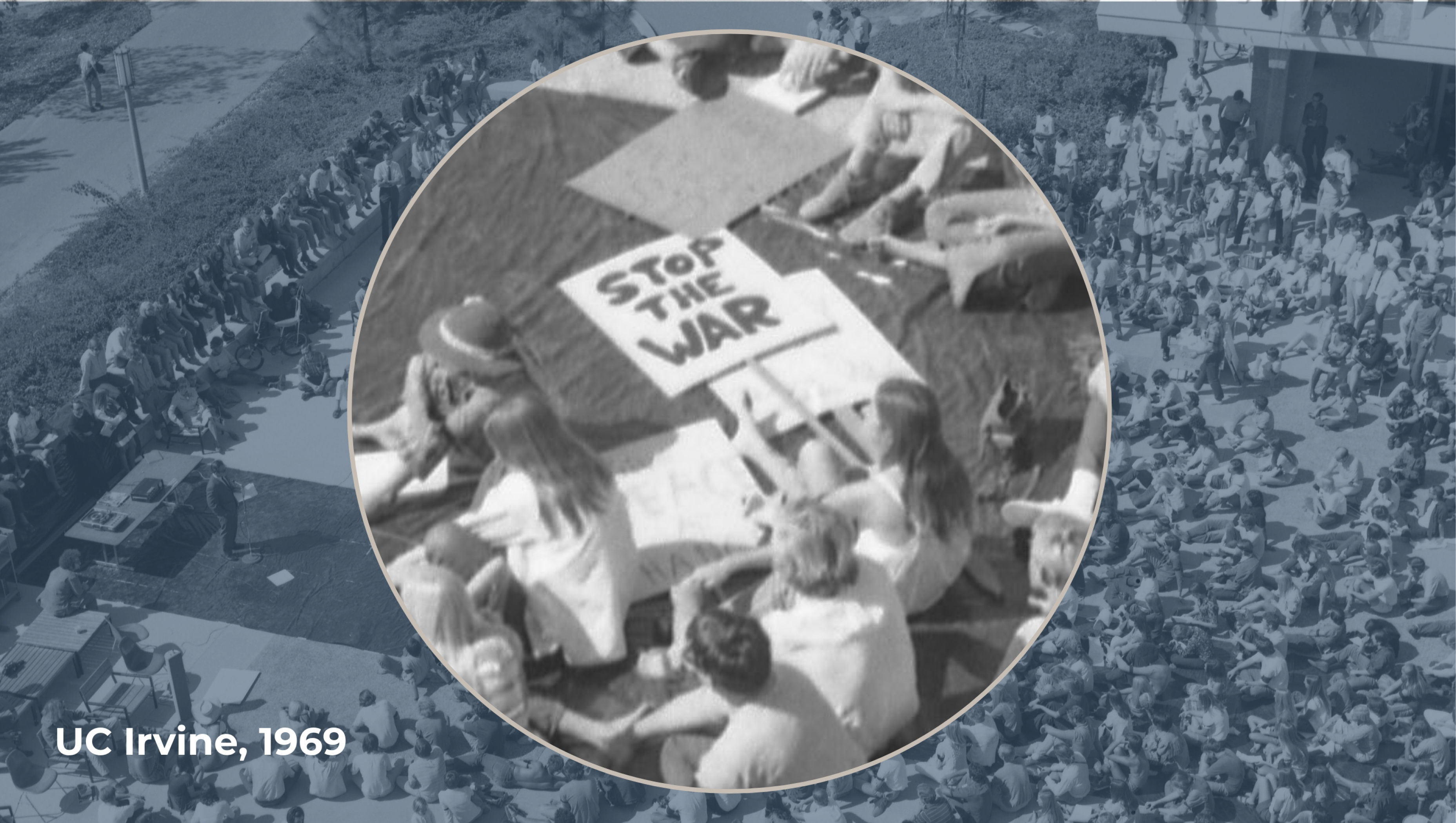 Moratorium taking place on UC Irvine campus in 1969. The image is edited to zoom in to show on of the protesters signs that reads "Stop the war".