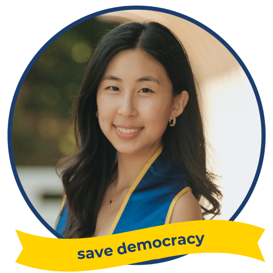 A photo of Natalie Ringdahl smiling, with text reading: save democracy