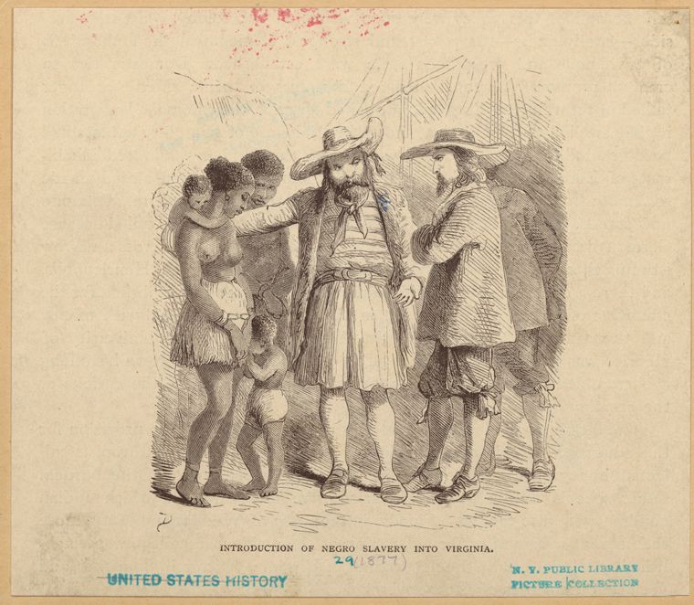 Conjectural illustration of the introduction of negro slavery into Virginia, circa 1619