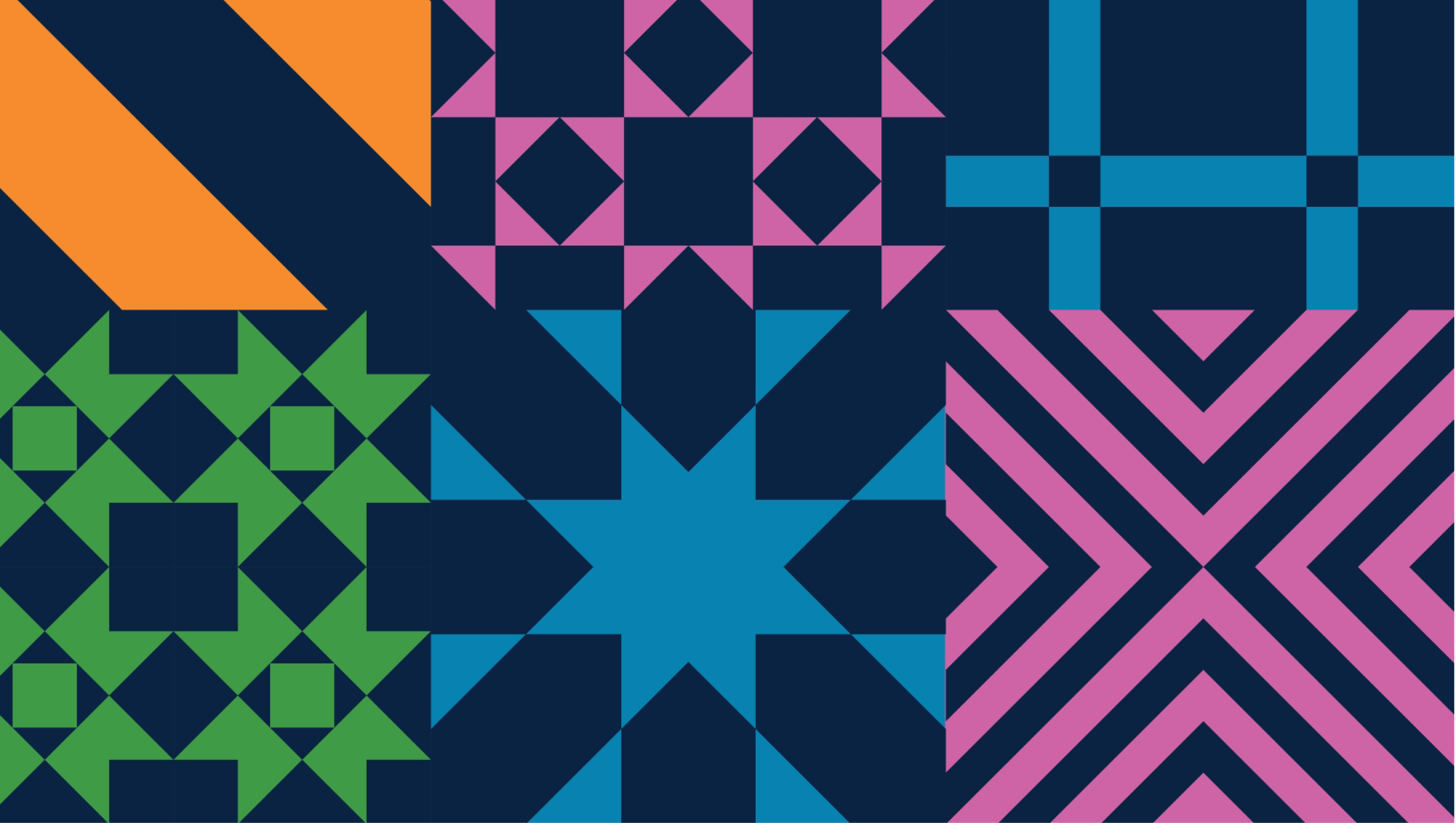 Tile design in blue, green, pink and orange shapes over a blue background.