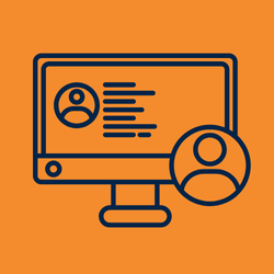 Blue monitor icon showing a person's web proile over an orange background. 