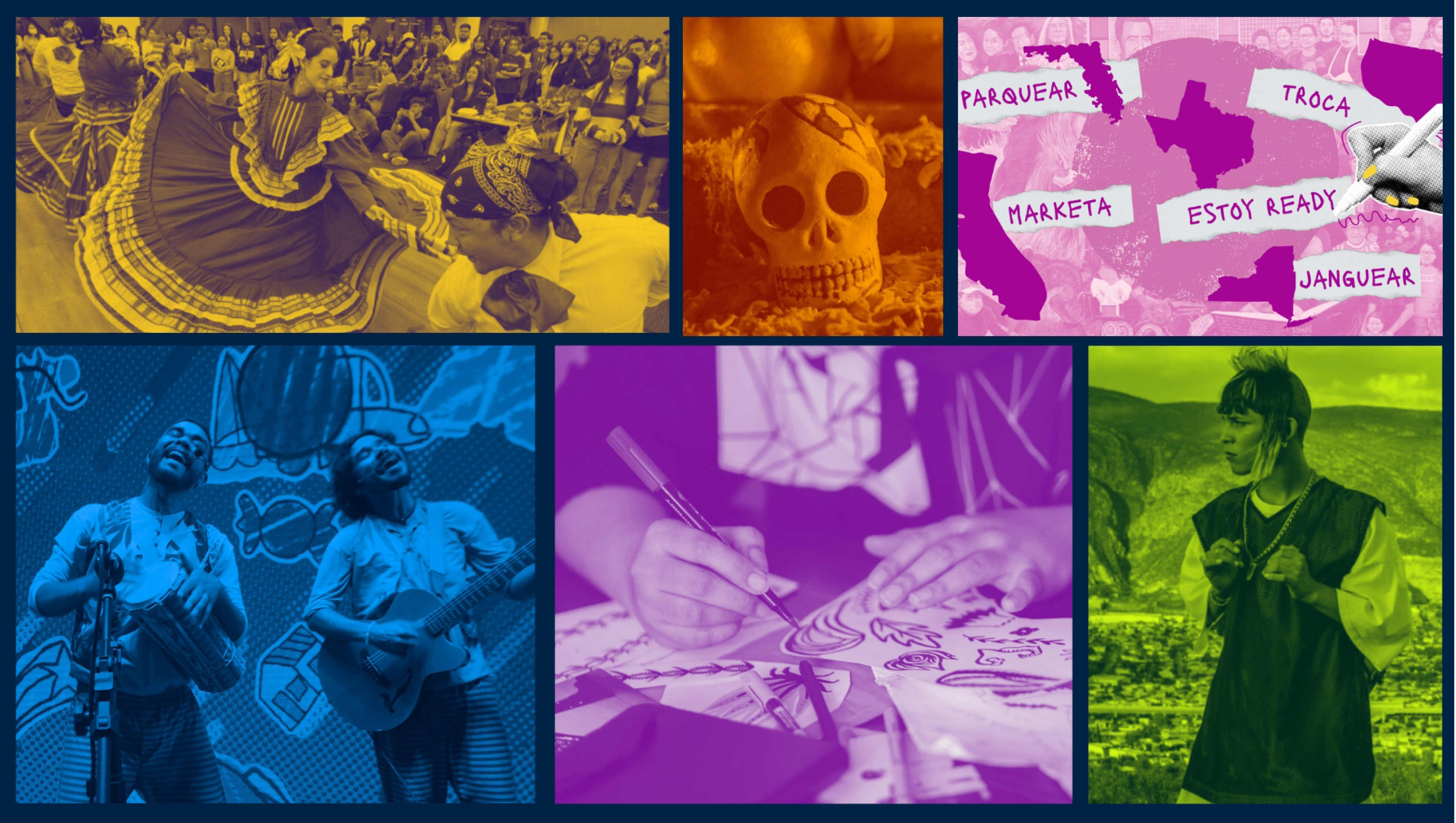 Six colorful images in a grid layed out in different shapes and sizes.