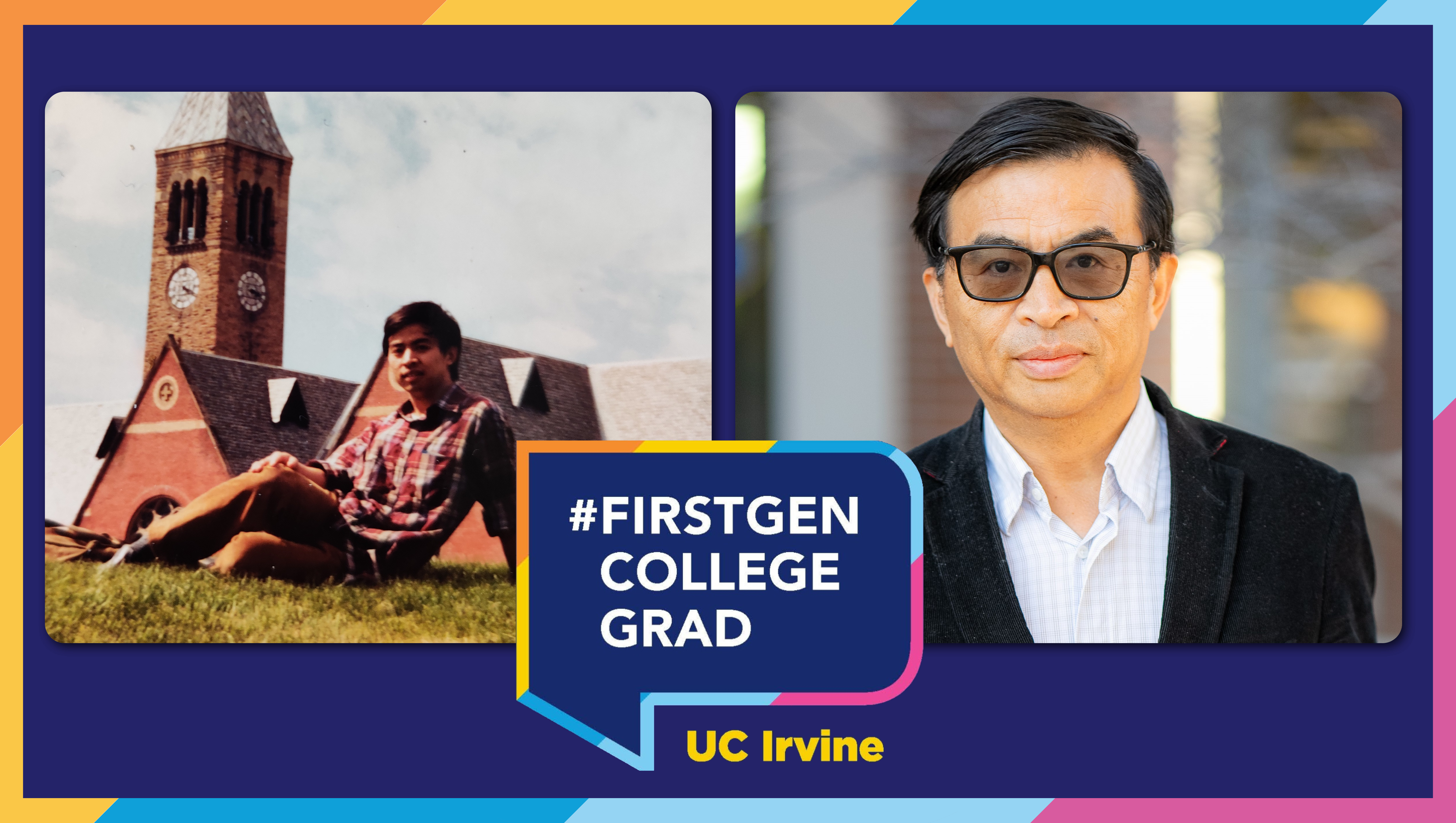 A purple graphic with photos of Professor Yong Chen when he was a student in college and current.