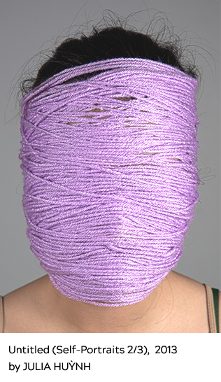 Sel-portrait photograph of artist with her head and face wrapped in violet yarn