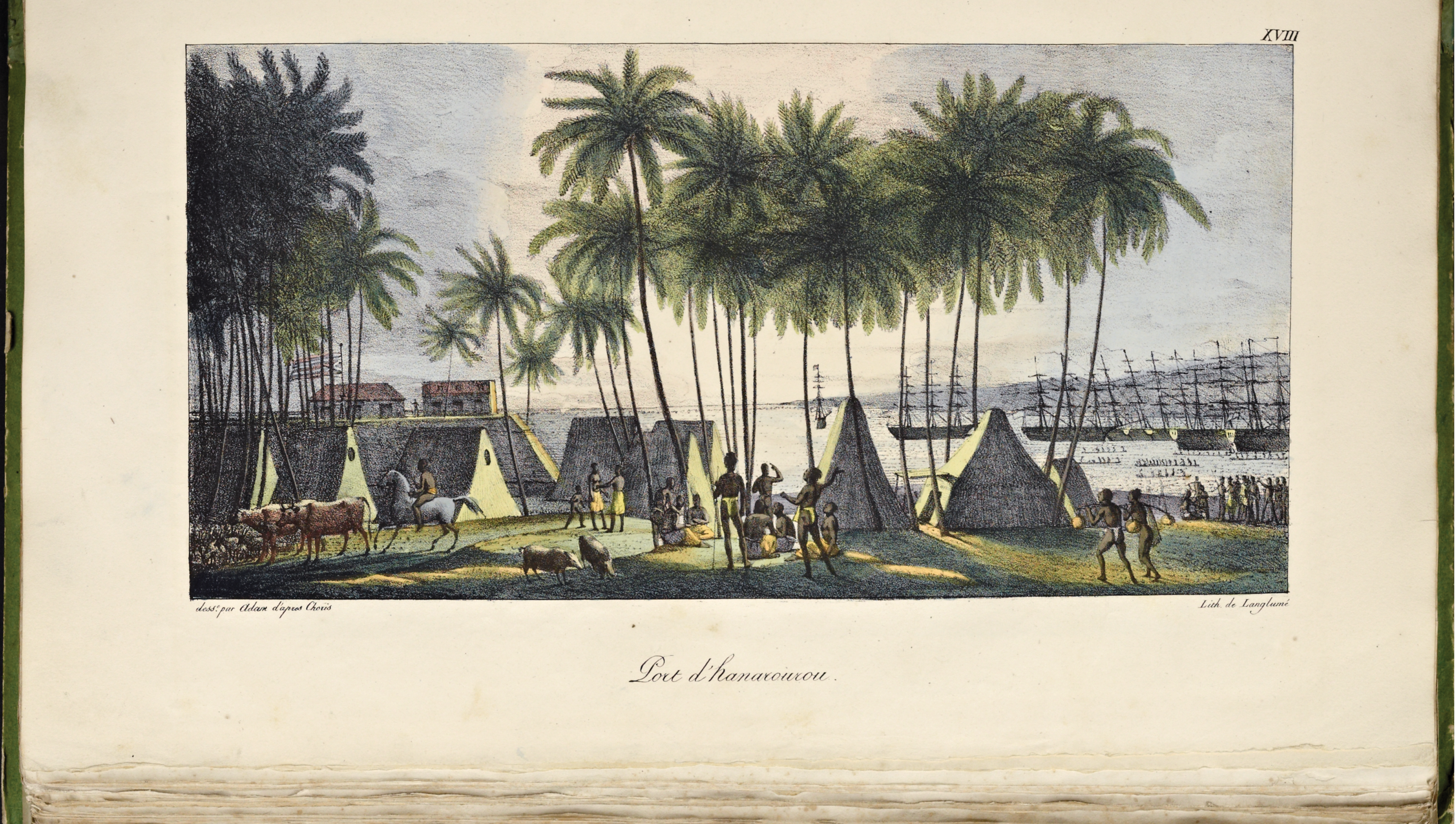 A historical lithograph titled "Port d'Hanarourou" (Port of Honolulu) by Louis Choris, depicting a scene in Hawaii in 1816. 