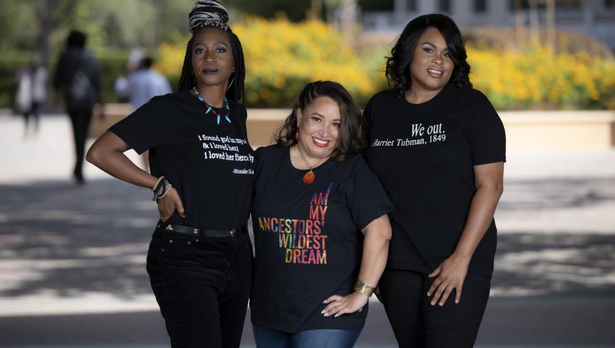 3 women posing on Ring Road at UCI