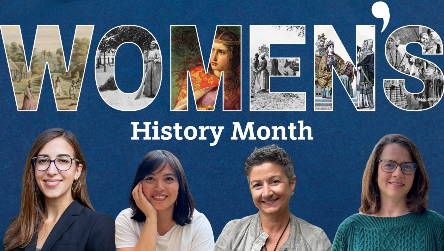 Blue background with "Women's History Month" written and four faculty headshots