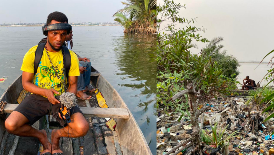collage with man on boat with headphones and mic; forest scene with debris