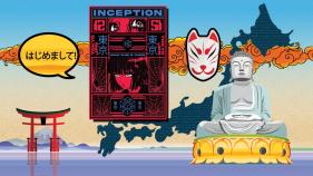 image displaying asian culture like buddha statue and fox mask