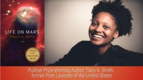 On the left, the book cover of Life on Mars, on the right, an image of Tracy K. Smith smiling