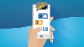 A phone shows texts with icons of myths 