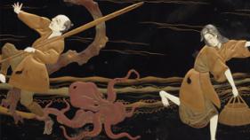 Asian man and woman escaping octopus