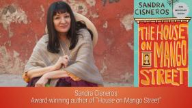 An image of Sandra with the book cover of her book, The House on Mango Street