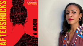 On the left, a read book cover that reads "Aftershocks: A Memoir" and shows a drawing of the back of a woman's head. On the right, the author posed in front of a wall. 