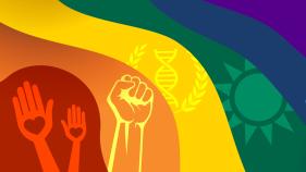 A rainbow-themed graphic filled with humanities iconography