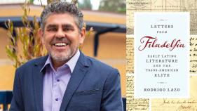 A headshot of Rodrigo Lazo alongside the cover of his book, "Letters from Filadelfia"