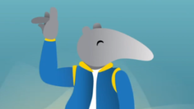 cartoon anteater wearing blue and gold jacket