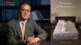 A portrait of Jim Lee (left) beside a cover of his book Pedagogies of Woundedness (right)