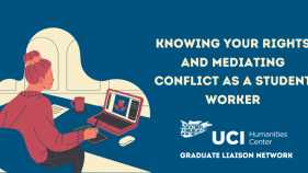 graphic of woman at laptop; event text "knowing your rights and mediating conflict as a student worker"
