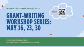 blue sky and green grass banner image with text, "Grant-writing workshop series: May 16, 23, 30"