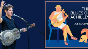 A photo of Joe Goodkin playing the guitar and a graphic of a someone in a greek robe playing a guitar/harp with the title "Joe Goodkin’s Homer: The Blues of Achilles"